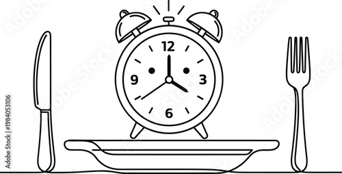 Alarm clock placed on dinner plate with fork and knife showing concept of breakfast time or intermittent fasting schedule.
