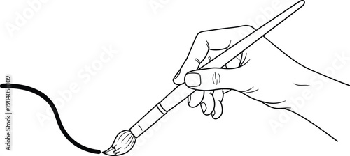 Artist hand holding brush painting black wave line on transparent background creative motion art drawing and sketching.
