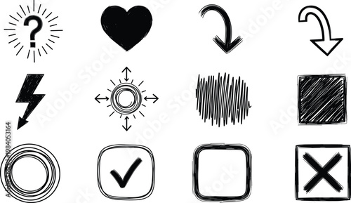 Black hand drawn scribble shapes and decorative arrows for highlight or correction marks in notebook presentation design.