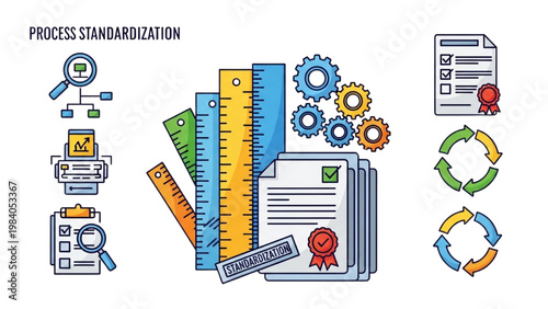 Process Standardization Icon Set, Business Rules and Quality Compliance Symbols, Colorful Vector Icons for Operational Excellence and Lean Management