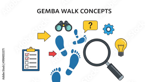 Gemba Walk Lean Management Icon Set, Workplace Observation and Inspection Symbols, Colorful Vector Icons for Industrial Leadership and Process Audit