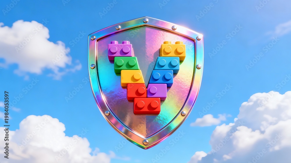 Fototapeta premium Colorful Shield with Lego-style 'V' on Sky Background