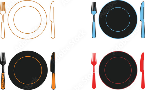 Dining table setting vector icons with plates forks and knives set in orange blue and red colors on transparent background.