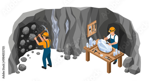 Miners extracting and carving precious gemstones within a rocky cave, showcasing the process of mining and gem cutting.