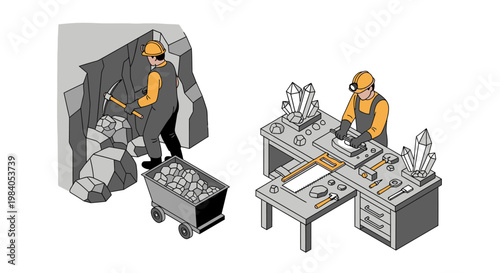 Miner extracting precious crystals from a cave and a geologist examining them at a desk.