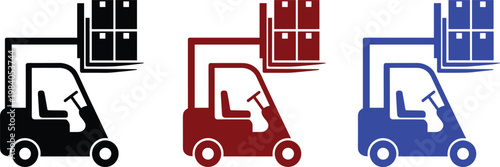 Forklift truck icons set in different colors representing logistics warehouse equipment moving heavy storage boxes safely.