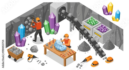 Isometric illustration of a mining operation extracting and processing colorful crystals and gemstones, featuring workers, tools, and conveyor belts.
