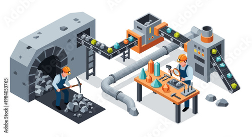 Isometric illustration of a mining and manufacturing process, showing raw material extraction, processing, and product creation.
