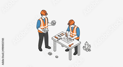 Two construction workers in hard hats and safety vests collaborate on a blueprint at a table, with tools and plumbing fixtures nearby.