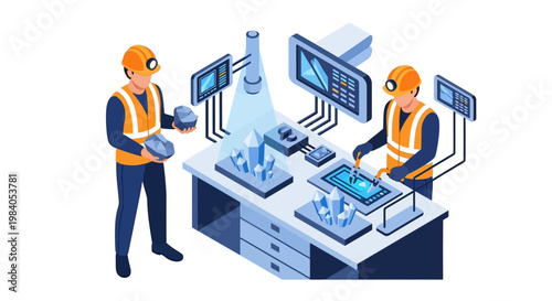 Two miners in hard hats and vests examine glowing crystals and data screens in a futuristic control room.