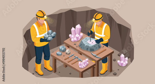 Two miners in hard hats and safety vests are extracting and processing crystals in a mine shaft.