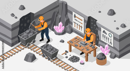 Isometric illustration of miners working in a mine, extracting coal and processing minerals with tools and carts on tracks.