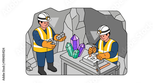 Miners in a cave extracting and examining colorful crystals and ore samples.