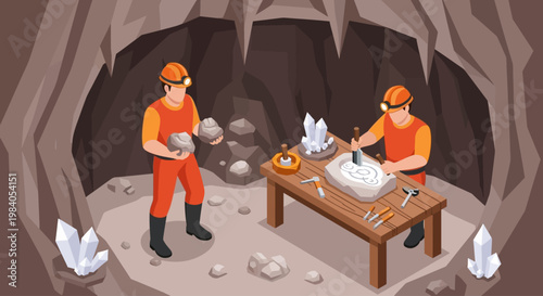 Two miners in hard hats and orange overalls are working inside a crystal-filled cave, one holding rocks and the other carving a large crystal on a wooden table.