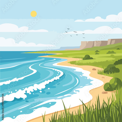 Waves crash on sandy beach shore.