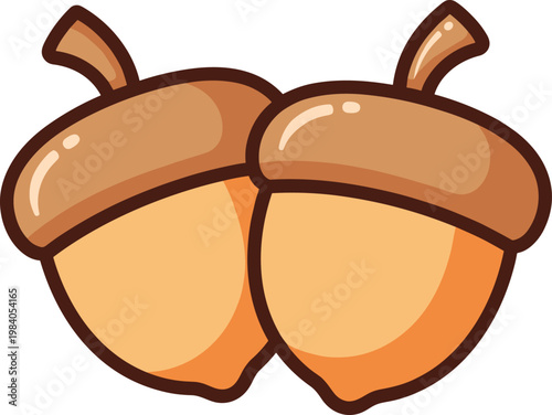 Illustration of two brown acorns with smooth caps and stems representing autumn nature and forest wildlife food resources.