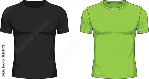 Illustration showing black and lime green short sleeve crew neck t shirts for men isolated on transparent grid background.