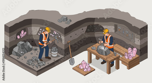 Illustration of miners extracting and processing crystals from a cross-section of the earth.