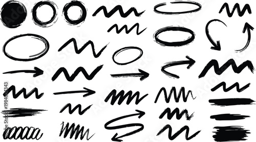 Collection of hand drawn black brushstroke shapes and lines for design elements