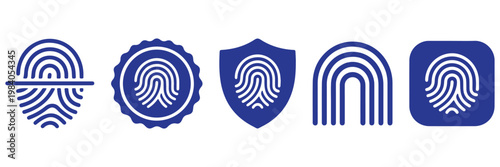 A padlock and fingerprint icon representing security and personal identification. Fingerprint Security Icon Set – 6 Black Shield Badge App Button Biometric Symbol Vector Collection.