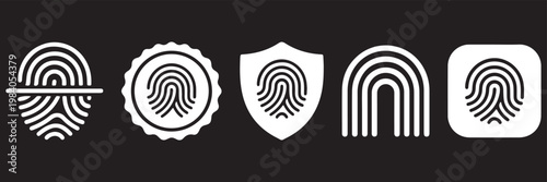 A padlock and fingerprint icon representing security and personal identification. Fingerprint Security Icon Set – 6 Black Shield Badge App Button Biometric Symbol Vector Collection.