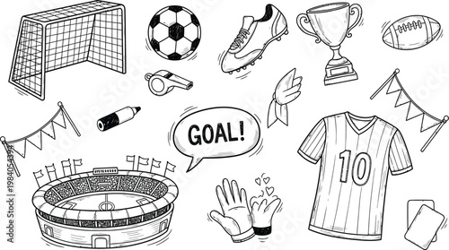Hand drawn soccer elements collection a sketchy illustration of football gear and stadium components