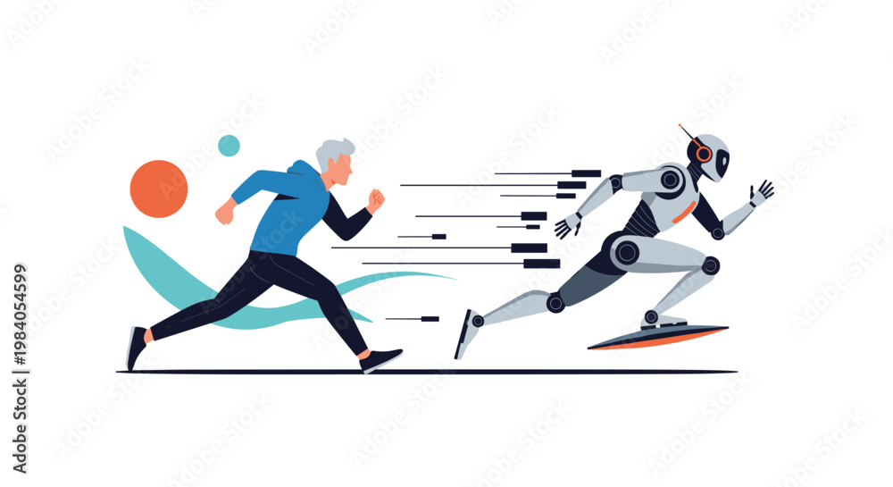 Fototapeta premium Comparison between a human athlete and a futuristic silver robot running fast against each other on a white background.