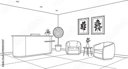 Sketch of a minimalist living room interior with furniture and wall decorations rendered in black and white
