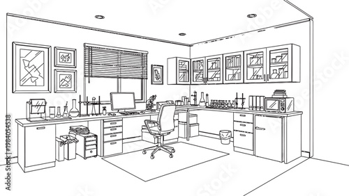 Detailed sketch of a modern kitchen interior design with appliances and furniture