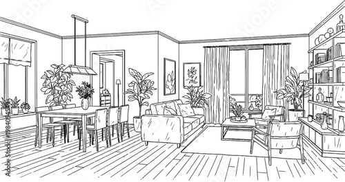 Sketch of a spacious living room interior with fireplace and large windows