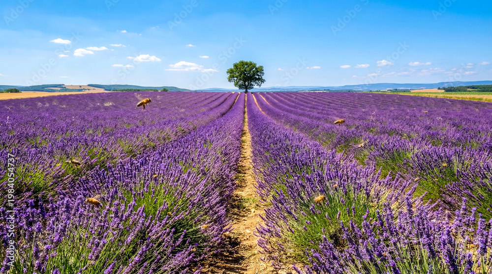 Obraz premium Symmetrical rows of blooming purple lavender leading to lone tree