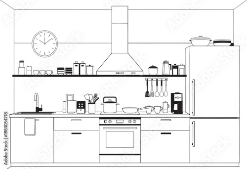 Detailed black and white architectural sketch of a modern kitchen layout with appliances and cabinetry