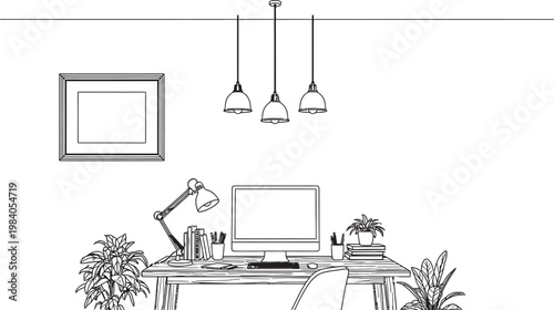 Minimalist sketch of a home office setup with desk lamp and pendant lights