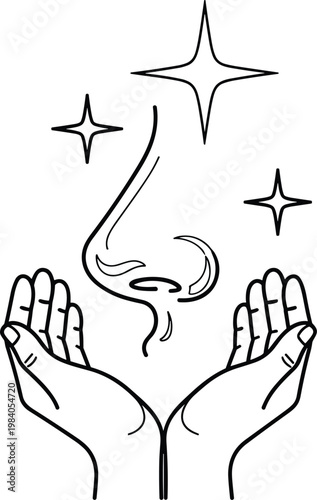 Pair of cupped hands holding a nose and sparkling stars, representing a clean fresh scent for air freshener.