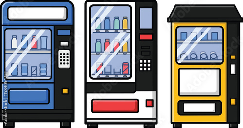 Modern vending machines dispensing drinks and snacks for sale colorful illustrations isolated on checkered background.