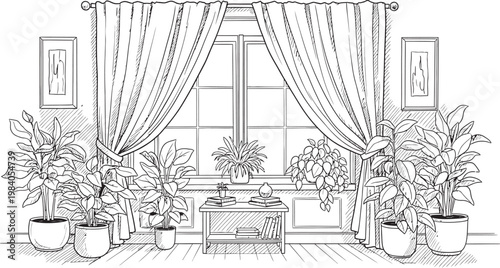 Detailed line drawing of a window with curtains and indoor plants creating a cozy interior scene