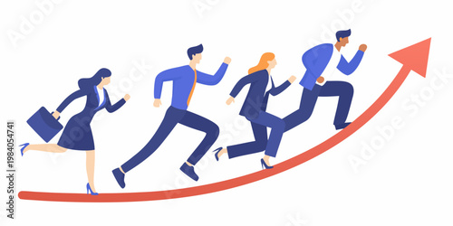 Business professionals running up a red arrow symbolizing growth and success