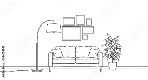 Sketch of a modern living room interior with a floor lamp and wall decor