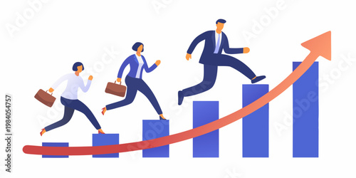 Business professionals running up a growth chart toward success