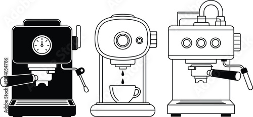 Professional espresso machine set in various styles for brewing coffee including manual and automatic kitchen appliances.