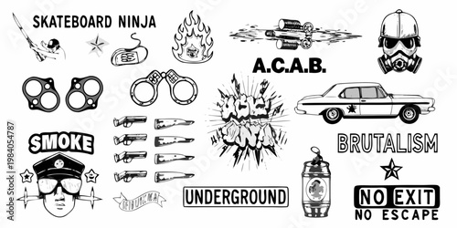 A collection of black and white sketches depicting rebellious imagery