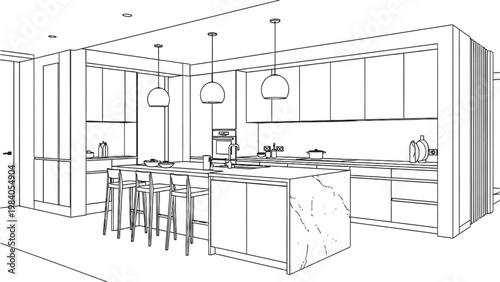 Modern kitchen design sketch a detailed architectural rendering of a contemporary culinary space