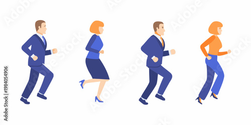 Four business people are illustrated walking in a linear perspective