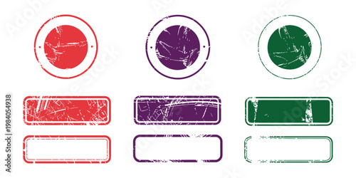 Rubber Stamp Set, Round and Rectangle Grunge Frames with Vintage Texture and Empty Space, Retro Natural Style Vector Elements for Labels, Badges and Organic Branding Design