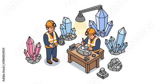 Two miners in hard hats and vests are examining and carving crystals in a mine setting with large crystal formations.