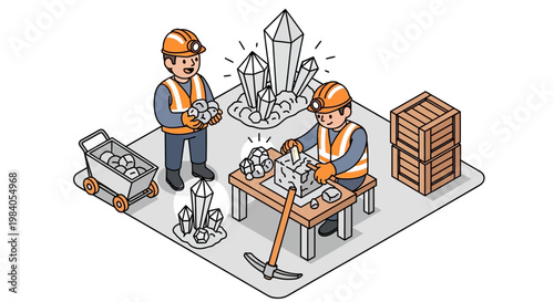 Miners extracting precious crystals from a mine, showcasing the process of mining and resource extraction with tools and equipment.