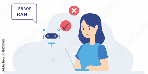 Woman facing technical difficulties with a robot and error messages