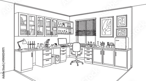 Sketch of a cozy kitchen corner with cabinets a window and counter space rendered in a simple line drawing style