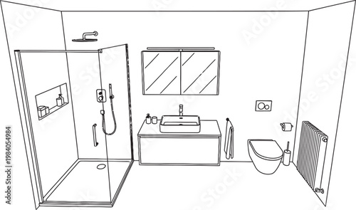 Sketch of a minimalist bathroom interior with modern fixtures and zebra print accent