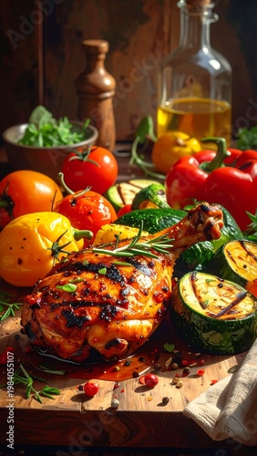 A still life of grilled vegetables and meat on a wooden board